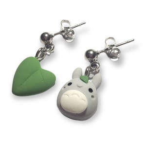 Totoro Inspired Stainless Steel Dangle Earrings, Gray Japanese Troll and Umbrella Leaf