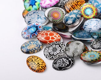 Oval Glass Cabochon Assorted Mosaic, Round Flat Back Cabochon, Set of 10 or 50, Mixed Lot, Choose 40x30mm, 25x18mm or 18x13mm