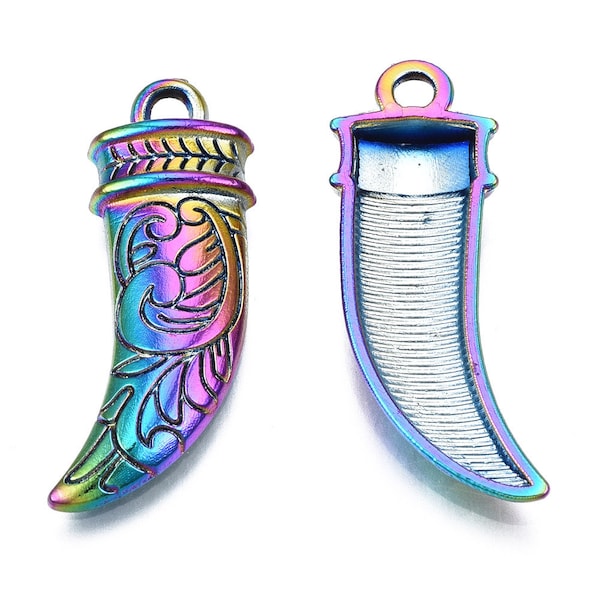 Ornate Dagger (tusk) Pendant (2 pieces), Rainbow Hued Metal Alloy, Earring Pendant Finding, Ornate Scrolling, Scabbard, 27x10mm, One Sided