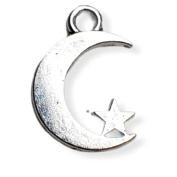 Metal Alloy Moon with Star Charm set of 10 or 50, Antique Silver Jewelry Supply, Tibetan Style Neck Pendant Celestial