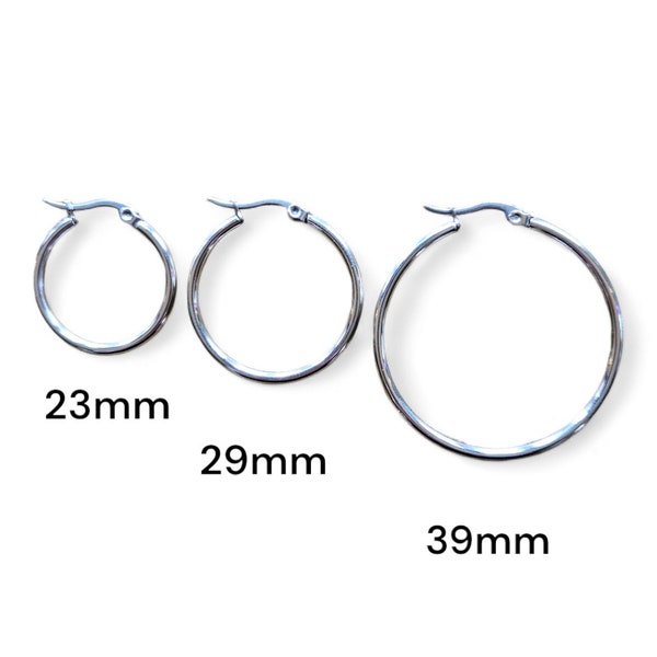 Best Quality (5 Pairs) Stainless Steel Hoop Earrings, DIY Earrings, 12 Gauge, Choose 23mm, 29mm Diameter or 39mm, Pin .8mm