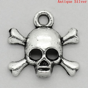 Metal Alloy 14mm Skull and Crossbones Charm set of 10, Silver Tone Jewelry Supply, Tibetan Style Neck Pendant Halloween, Pirate