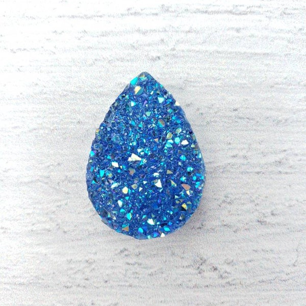 Resin Faux Druzy Tear Drop Cabochon 25x18mm, Set of 10  or 50 Deep Sky Blue Flat back for Jewelry Making, Imitation Druzy Pear Shaped