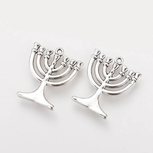 Metal Alloy 7 Branch Menorah Charm set of 10 or 50, Antique Silver Tone, Jewelry Supply, 20x16mm, Hanukkah Judaica