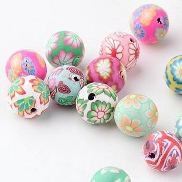 Assorted 8mm, 10mm and 12mm Polymer Clay Beads, 2mm Hole, Brightly Colored Floral Beads DIY Bracelets, Earrings  Necklaces, Choose Size