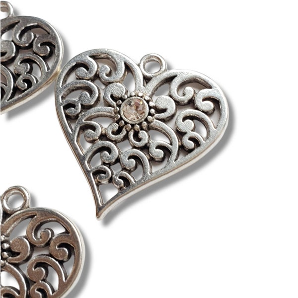 Metal Alloy Crystal Accent Scroll Heart Pendant Set of 5 or 50, Antique Silver Tone, Pendant Charm, Choose Rhinestone Color (Birthstone)