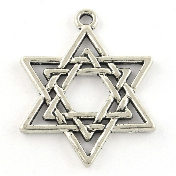 LARGE Metal Alloy Star of David Charm set of 10 or 50, Antique Silver or Golden, Jewelry Supply, Tibetan Style Neck Pendant, 32x26mm