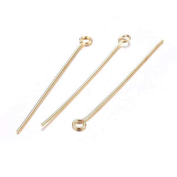 Golden Stainless Steel Eye Pins 40MM Long, .6mm (22G), Set of 10, 50 or 100, Jewelry Findings  Earrings, Pendants, Charms, DIY Supplies