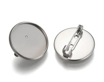 20mm Stainless Steel Bezel Tray Pin Back, Set of 10 or 50, Brooch with locking pin, Fits 20mm Cabs (not included)