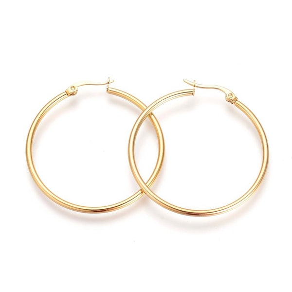 Best Quality 2 Pairs 18K Gold Plated 304 Stainless Steel Hoops for Wire Wrapping, 12 Gauge, Choose Diameter 15mm, 24mm or 30mm, Pin .8mm