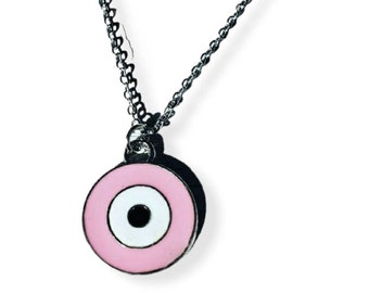 Collier mauvais œil en émail rose et blanc argenté, chaîne argentée de 16 po, collier pour femme