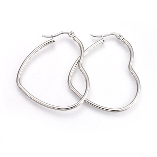 Better Quality 5 Pairs or 25 pairs 35mm or 40mm 201 Stainless Heart Shaped Hoop Earrings for Wire Wrapping, Pin 1 -.7mm