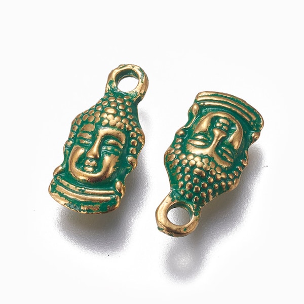 Tibetan Style Alloy Buddha Head Charm, Set of 5, Gold Verdigris, 15.5mm, Hole 1.5mm, Charms for Earring, Pendant and Bracelet Making