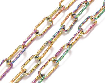 Large Diamond Cut Textured Paperclip Stainless Steel Chain, Sold by the Foot, 12x4mm, Unwelded, Choose Length, Stainless, Gold or Rainbow