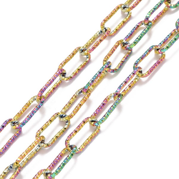 Large Diamond Cut Textured Paperclip Stainless Steel Chain, Sold by the Foot, 12x4mm, Unwelded, Choose Length, Stainless, Gold or Rainbow