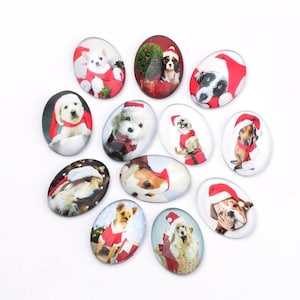 25x18mm Oval Christmas Dog Portrait Cabochons, Flat Back, Set of 10 or 50, Mixed Lot Jewelry Making, Choose Lot Size, Dogs wearing Santa Hat