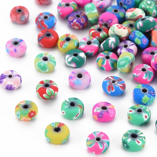 Assorted 6.5x3.5mm Flat Round Polymer Clay Beads, 1.6mm Hole, Brightly Colored Floral Beads for DIY Bracelets, Earrings  Necklaces