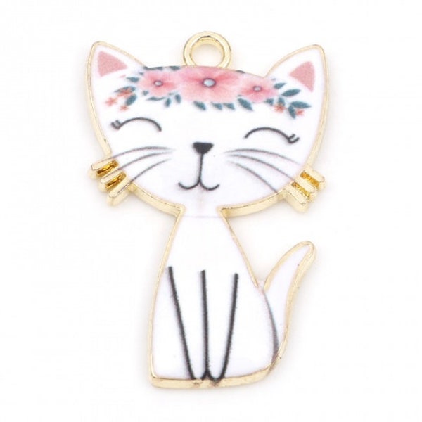 Golden Enamel Cat w Whiskers Charm, Sold in lots of 5, Cat Lover, Choose White, Gray, Calico, Tuxedo, Brown or Gray Picasso, 30x20mm