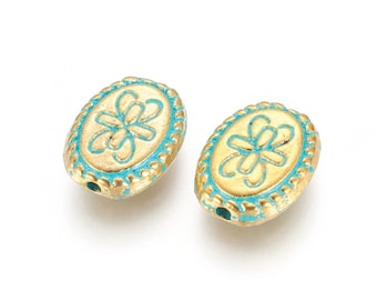 Metal Alloy Verdigris Oval Bead, Set of 5, Oval Bead with Lotus Flower Design, Green Patina