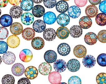 Round Glass Cabochon Assorted Mosaic, Round Flat Back Cabochon,  Set of 10 or 50, Assorted Mixed Lot for Jewelry Making. Choose MM