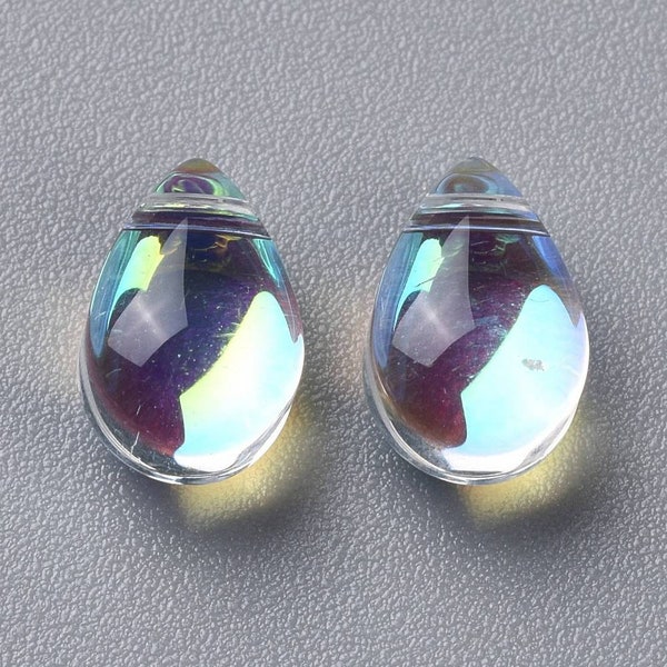 AB Coated Glass Teardrop Pendant, Set of 10 or 50, 9x6x5mm, Hole 1mm, Earring Drop, Chandelier Dangle, Rainbow Glass Pendant Bead