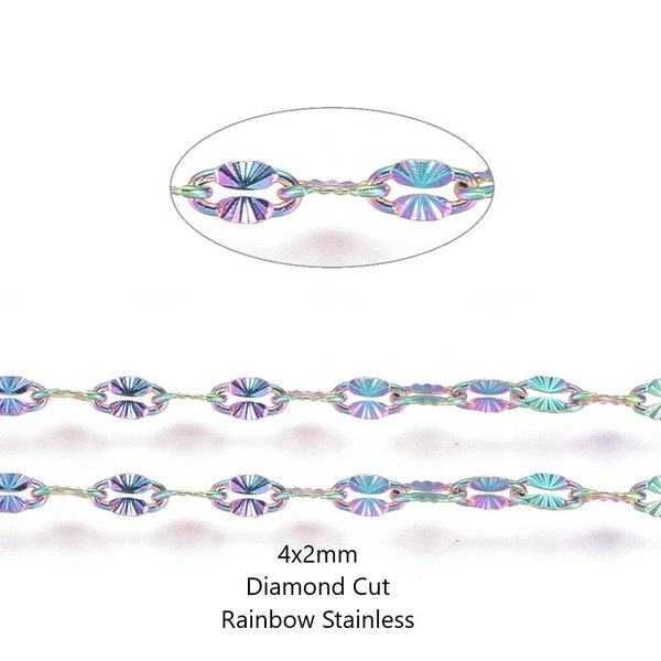 Cut to Length Diamond Cut Stainless Steel 4x2mm Chain, Sold by the Foot, Soldered Links, Choose Plain Stainless, Golden or Rainbow Stainless