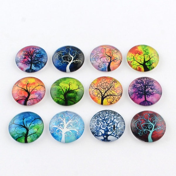 25mm Round Glass Cabochon Assorted Bright Tree of Life, Round Flat Back Cabochon, Set of 10, Assorted Mixed Lot for Jewelry Making