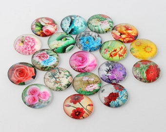 Round Floral Glass Cabochon Lot, Flat Back, Set of 10, 50 or 200, Mixed Lot Jewelry Making, Roses, Flowers, Choose MM