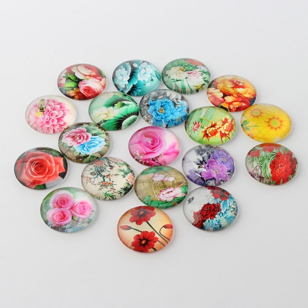 Round Floral Glass Cabochon Lot, Flat Back, Set of 10, 50 or 200, Mixed Lot Jewelry Making, Roses, Flowers, Choose MM