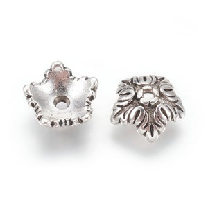 Tibetan Style Alloy Leafy Floral Bead End Cap Set of 10, Antique Silver tone 10x4mm, Cap Beads for Earring, Pendant and Bracelet Making