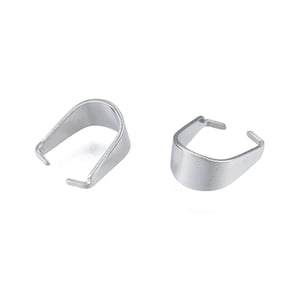 May include: Two silver-colored pendant bails, each with a U-shaped design and two small tabs at the base. The bails are made of a shiny, metallic material and are set against a white background. These findings are used for jewelry making.