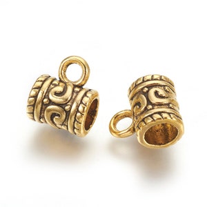 Metal Alloy Gold tone Bail Bead, Set of 10, 6mm Column Hanger Link Bead with Loop, Antique Gold