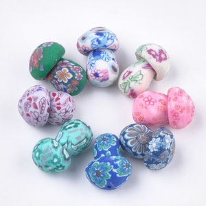 Half Drilled 18x12mm Mushroom Polymer Clay Beads, .7mm Hole, Multi-color Floral DIY Bracelets, Earrings and Necklaces, Sold in Lots of 10