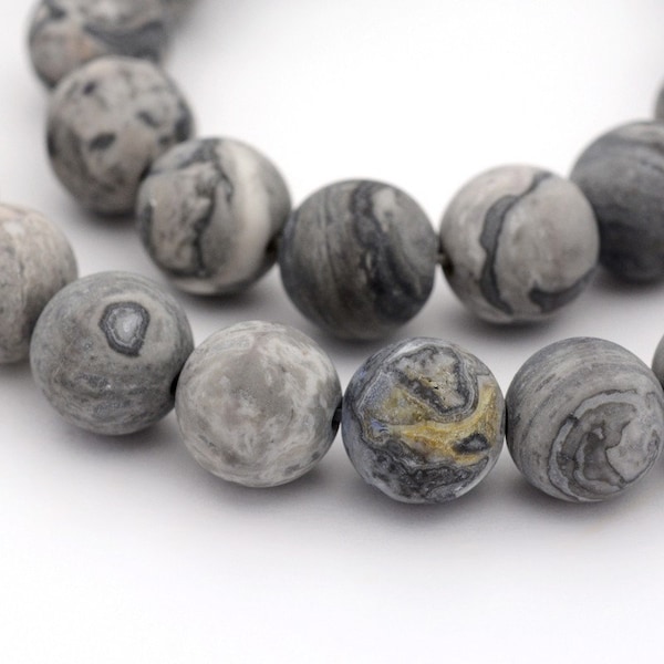 7.5" Natural Frosted Map Stone, Your Choice 6mm, 8mm or 10mm Round Natural Matte Gray Picasso Jasper Bead, Hole 1mm, HALF Strand