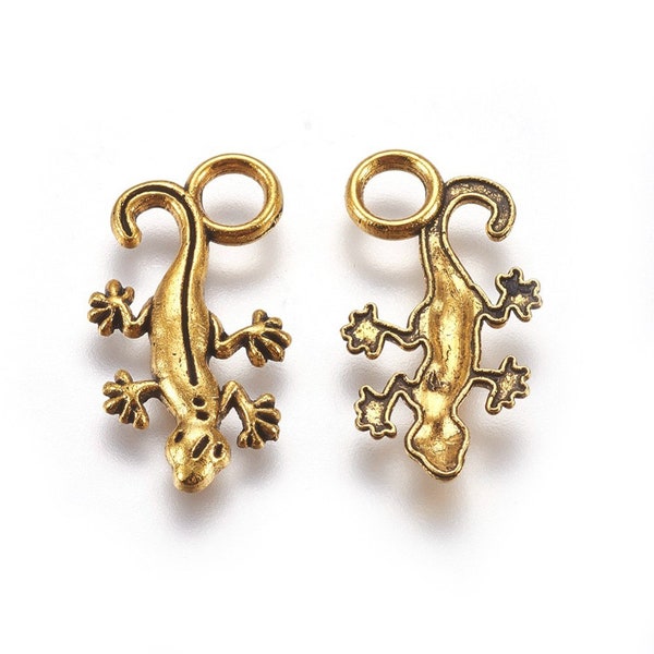 Metal Alloy Gecko Charm set of 10 or 50, Antique Bronze Tone Jewelry Supply, Tibetan Style Neck Pendant Lizard Necklace