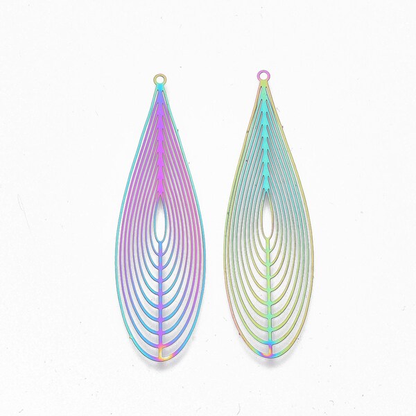 Rainbow Stainless Steel Long Teardrop Chandelier Component Set of 2, 55x16mm, Large Chandelier Drop Pendant Component