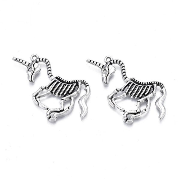 Metal Alloy Unicorn Skeleton Charm set of 10 or 50, Antique Silver Tone, Tibetan Style Neck Pendant Horse Pendant, Gothic Emo Halloween