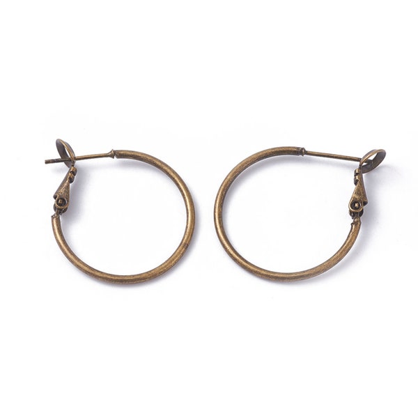 5 Pairs 20mm, 24mm or 35mm Antique Bronze Hoop Brass Earrings for Wire Wrapping, 1.5mm wide, Pin .7mm, Snap closure, Wire Wrapping