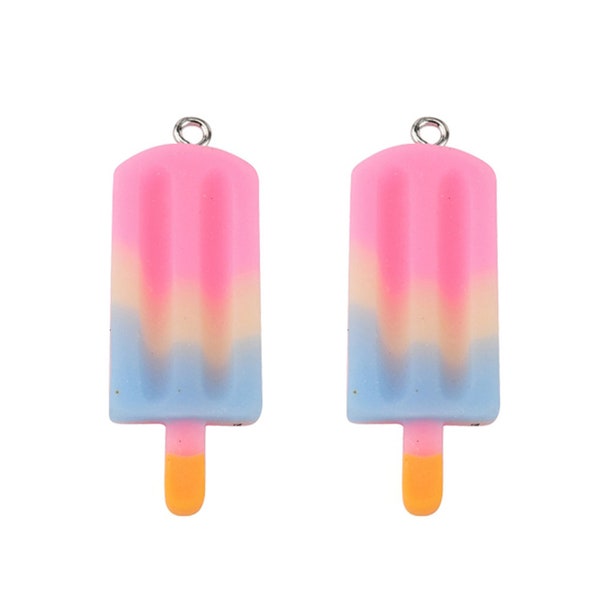 Set of 5 Multi Color Poposicle Stick Pendant, Poly Resin, DIY Jewelry, 42x15mm, Blue/Pink/Yellow, Popsicle Summer