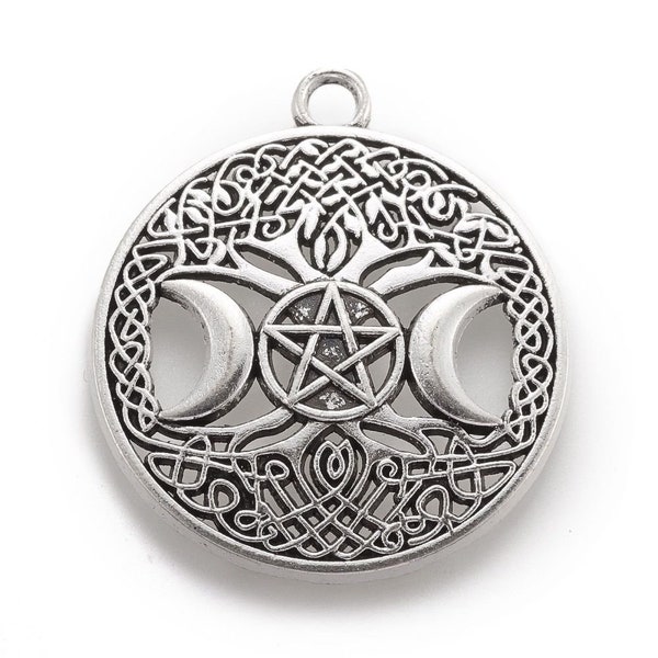 Large Pentagram Triple Moon Goddess Celtic Circle Pendant Charm, Wiccan, Halloween, Set of 5, 38x34mm. Choose Color
