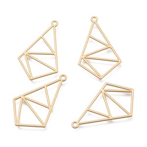 May include: Four gold-colored geometric pendant charms. Each charm features a unique openwork design with a small loop at the top for attaching to a chain or earring hook. The shapes are angular and modern, suitable for jewelry making.
