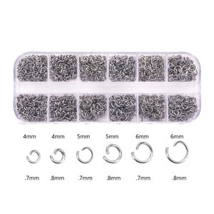 Stainless Steel Open Jump Ring Kit, 4mm-6mm, .7-.8mm Thick, DIY Jewelry Supplies, Plastic Storage, Sold Individually, Approx. 1,100 total