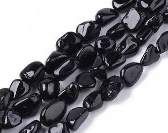 Natural Black Tourmaline Bead Strand Pebble 5~12x8~12mm, 15", Hole 1mm, Gemstone Nugget Beads