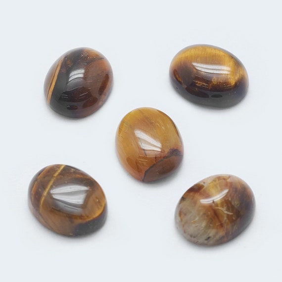 Natural Tiger Eye 10x8mm Cabochons, Oval , Set of 5, Brown/Golden Gemstone Flat back Cabochons for Jewelry Making - Root Chakra