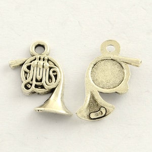 French Horn Metal Alloy Charm, Set of 10 or 50, Antique Silver Tone Tibetan Style Neck Pendant, Musical, Brass Instrument, Double Horn