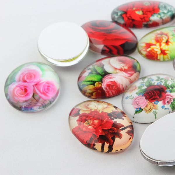 Oval Floral Glass Cabochon, Flat Back, Choose Lot Size, Mixed Lot Jewelry Making, Roses, Flowers, Choose 18x13, 25x18 or 40x30