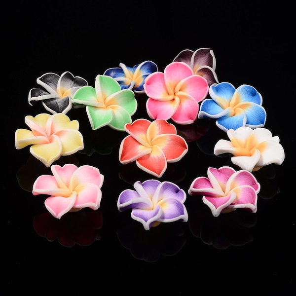 Assorted Hibiscus Plumeria Flower Polymer Clay Beads, 2mm Hole, Brightly Colored Floral Beads, Lots of 10 or 50, Choose 12, 15 or 20mm