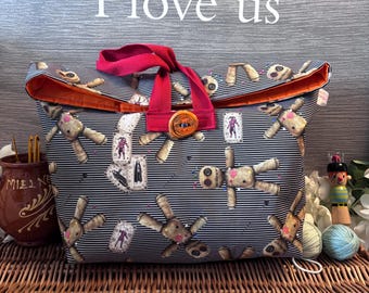 Large Knitting Project Bag: Voodoo Teddy Fabric, Handmade Polymer Clay Button