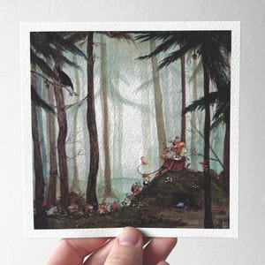 May include: Watercolour painting depicting a forest scene with tall trees and a misty backdrop. A group of small figures are gathered on a mossy hill, with a larger figure seated on top. The artwork has a whimsical, fairytale-like quality.