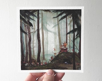 May include: Watercolor painting of a forest scene with tall trees and a misty background. A group of small figures are gathered on a mossy hill, with a larger figure seated on top. The artwork has a whimsical, fairytale-like quality.
